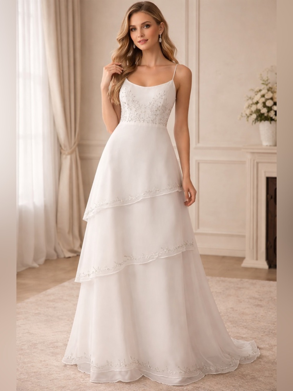 Moonlight Bridal White Tiered A-Line Wedding Dress with Beaded Bodice